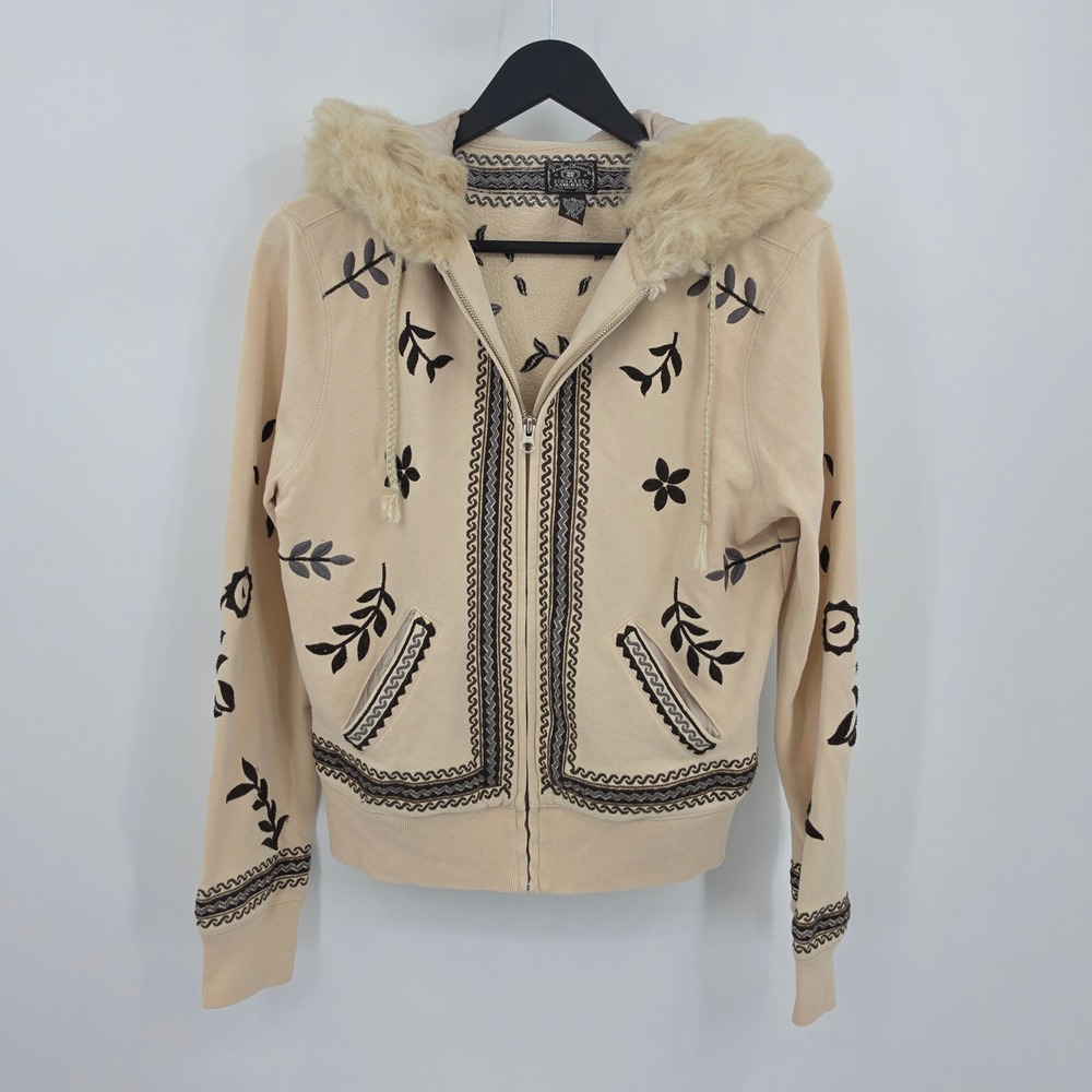 Y2K Lucky Brand Full Zip Hoodie Embroidered Faux Fur Beige Tan Brown Medium Boho